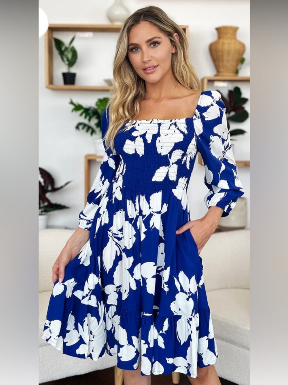 Royal Blue & White Floral Smocked Square-Neck Midi Dress